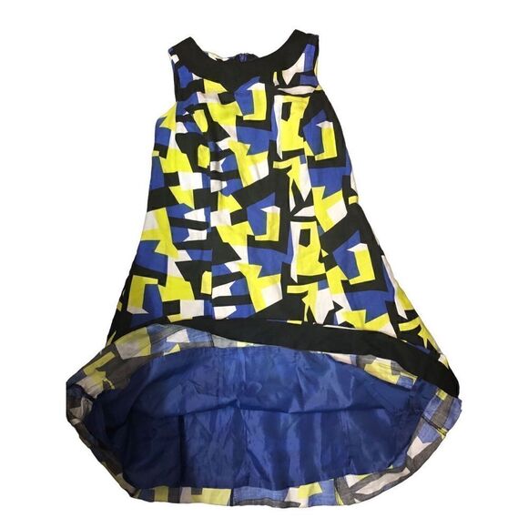 Ashley Stewart linen blend A line midi geometric design blue, yellow and black s - Picture 4 of 13